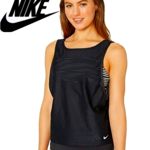 Nike Sport Mesh Layered Tankini Bathing Suit Set Black/Stripes Size S/M NWT NEW - Picture 2 of 15